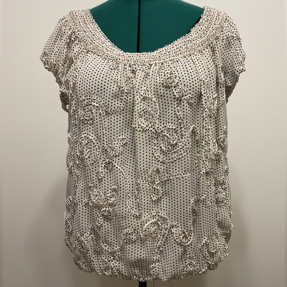 Max Edition Cream Polka Dot Lined Chiffon 3D Embellished Short Sleeve Top XL